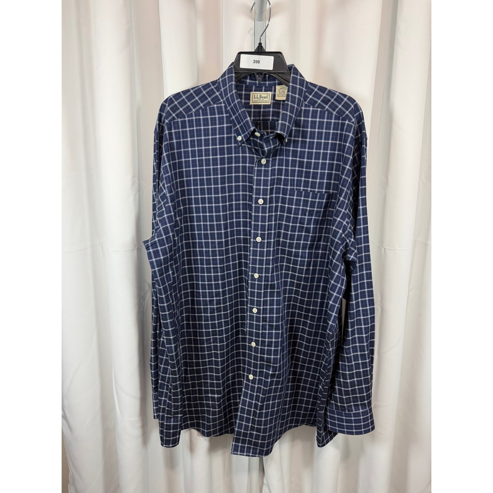 LL Bean Mens XL Tall Button Down Shirt Navy Blue Plaid Cotton OMT79 Long Sleeve